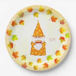 Plato De Papel Gnomo lindo y hojas de otoño festivas