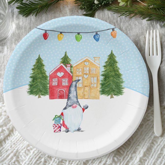 Plato De Papel Gnomo navideño caprichoso nórdico (Nordic Winter Gnome Paper Plate)