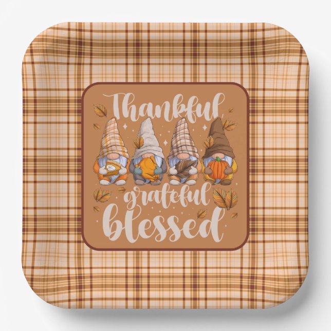Plato De Papel Gnomos Agradecidos – Bendiciones de Otoño (Anverso)