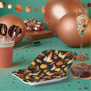 Plato De Papel Gnomos de acuarela de otoño, calabazas y hojas