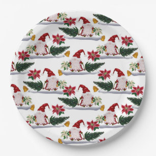 Plato De Papel Gnomos Navideños Festivos, Poinsettia y Campanas