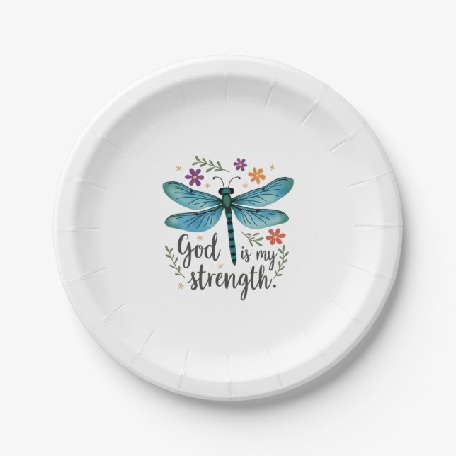Plato De Papel God is my strength Floral Dragonfly Christian T-Sh (Anverso)