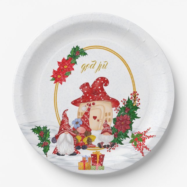 Plato De Papel God Jul Sueco Gnomes Red Family (Anverso)
