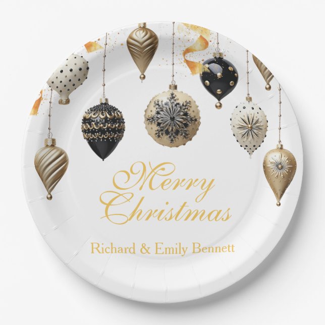 Plato De Papel Gold and Black Christmas Baubles (Anverso)