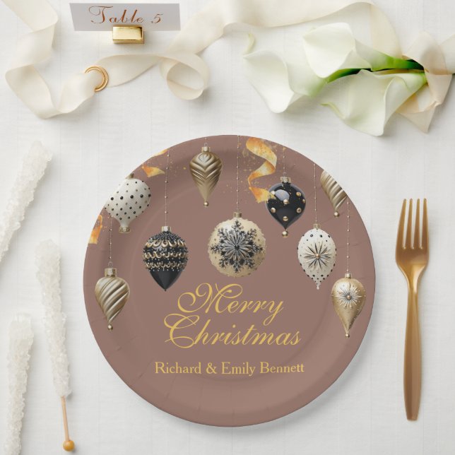 Plato De Papel Gold and Black Christmas Baubles (Boda)