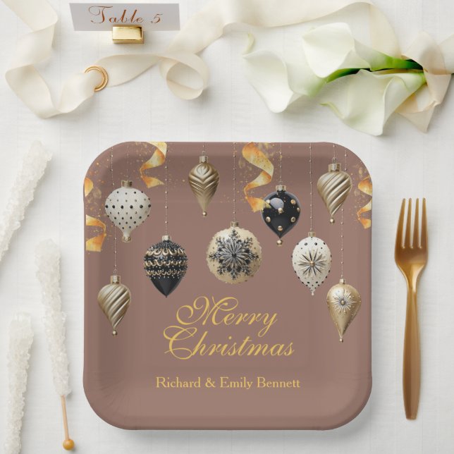 Plato De Papel Gold and Black Christmas Baubles (Boda)