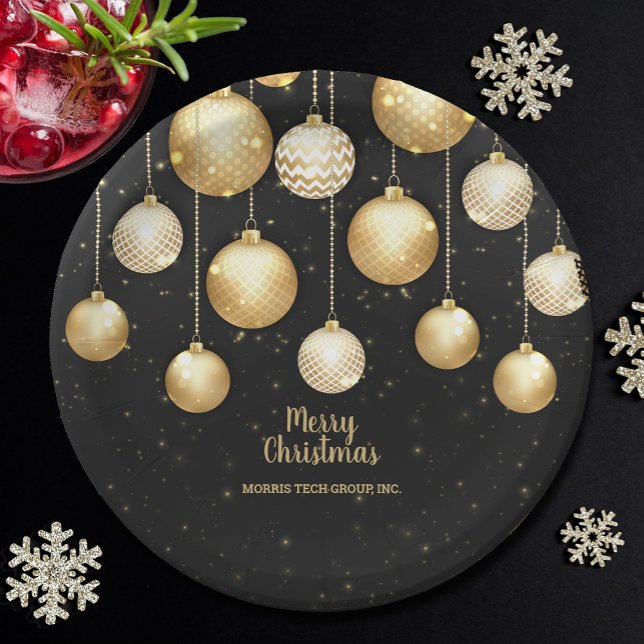 Plato De Papel Gold Baubles Christmas Tree Ornaments Party (Gold and white Christmas tree ornaments on black personalized holiday party paper plates)