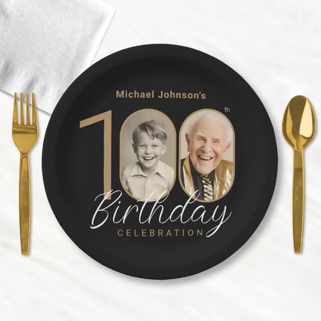 Plato De Papel Gold Black Elegant Photo 100th Birthday Party (Mockup View)
