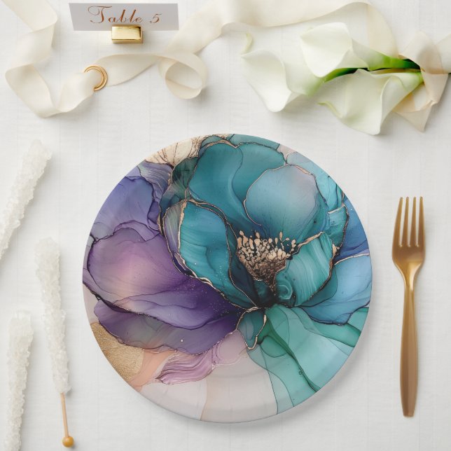 Plato De Papel Gold Blue Aqua Purple Flower Briower (Boda)