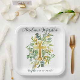 Plato De Papel Gold Cross Floral acuarela Bautismo Primera Comuni