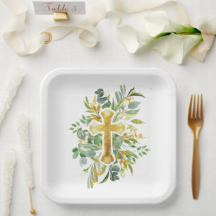 Plato De Papel Gold Cross Floral acuarela Bautismo Primera Comuni
