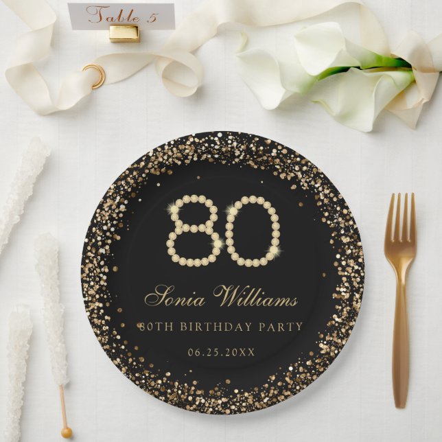 Plato De Papel Gold Diamonds 80th Birthday Party Paper Plate (Boda)