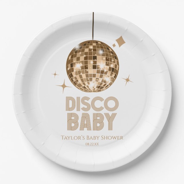 Plato De Papel Gold Disco Ball 'Disco Baby' Baby Shower (Anverso)