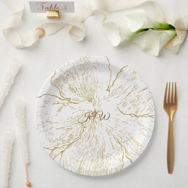 Plato De Papel Gold Floral Line Art Botanical (Boda)