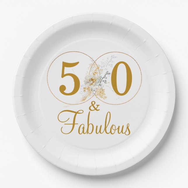 Plato De Papel Gold Floral Script 50 cumpleaños (Anverso)