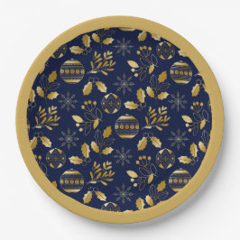 Plato De Papel Gold Framed Blue Gold Holiday Pattern