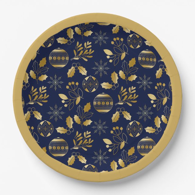 Plato De Papel Gold Framed Blue Gold Holiday Pattern (Anverso)