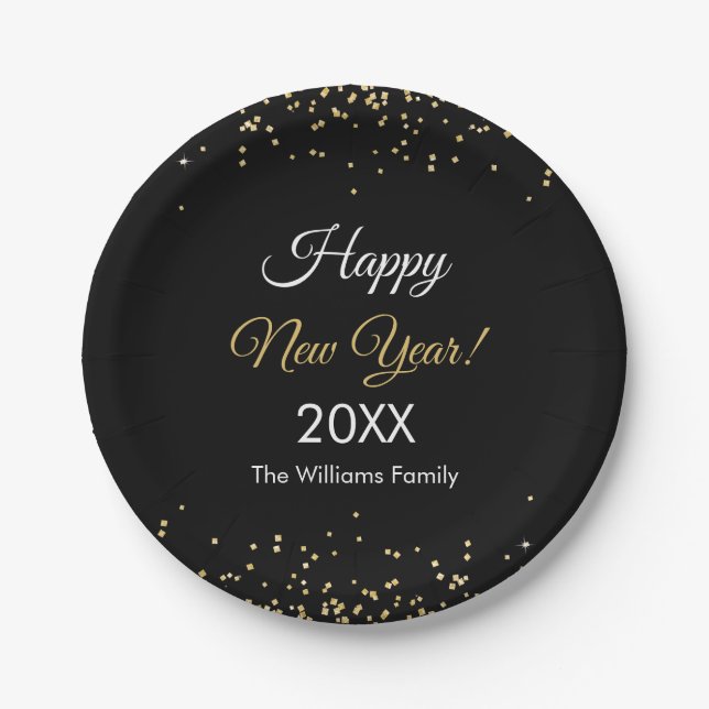 Plato De Papel Gold Glitter Happy New Year Black Party (Anverso)