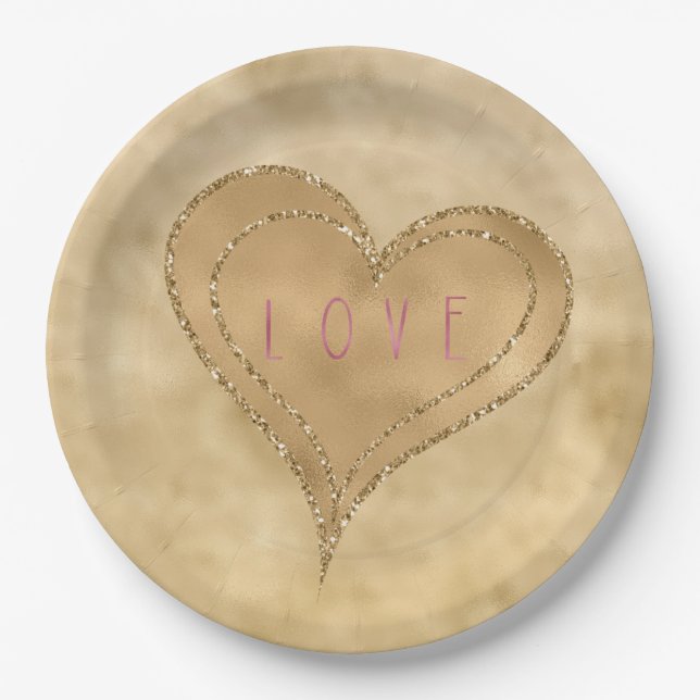 Plato De Papel Gold Glitzy Purpurina Love Heart (Anverso)
