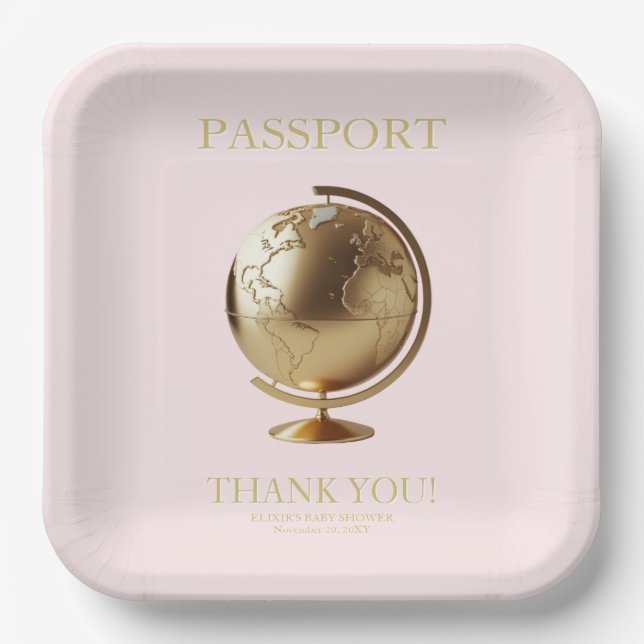 Plato De Papel Gold Globe Passport Travel Baby Shower (Anverso)