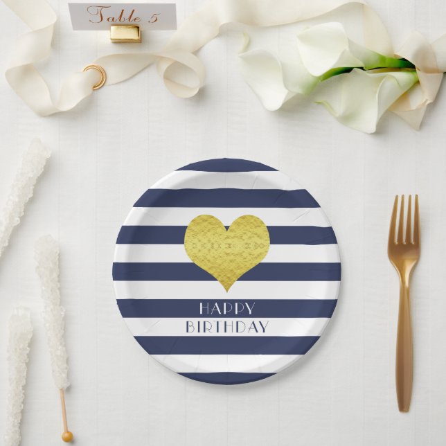 Plato De Papel Gold Heart Blue And White Stripes Feliz Cumpleaños (Boda)