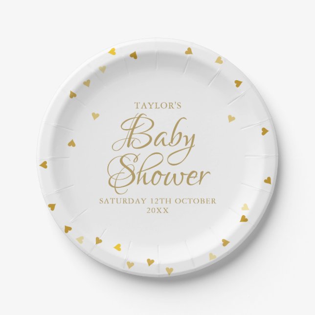 Plato De Papel Gold Hearts Confetti Baby Shower / Sprinkle (Anverso)