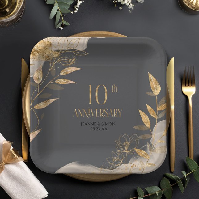 Plato De Papel Gold Leaf Floral 10th Anniversary ID1169 (Subido por el creador)