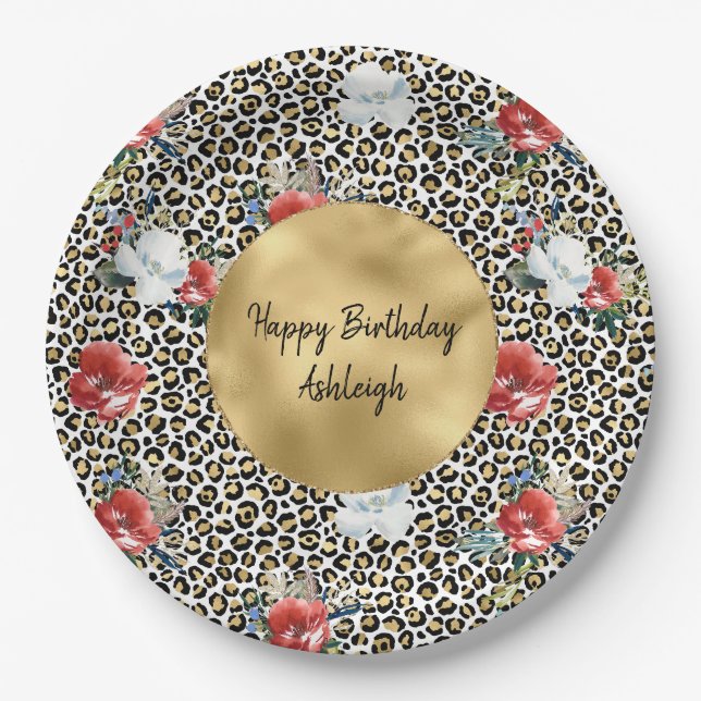 Plato De Papel Gold Leopard Print Floral personalizada (Anverso)