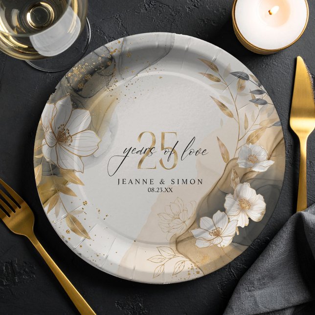 Plato De Papel Gold Line Floral 25th Anniversary ID1169 (Subido por el creador)