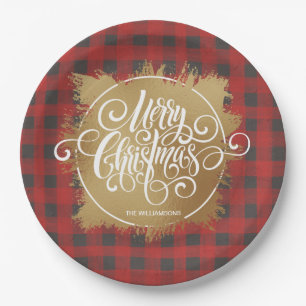 Plato De Papel Gold Merry Christmas Buffalo Plaid