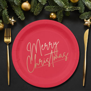 Plato De Papel Gold Merry Christmas on Red