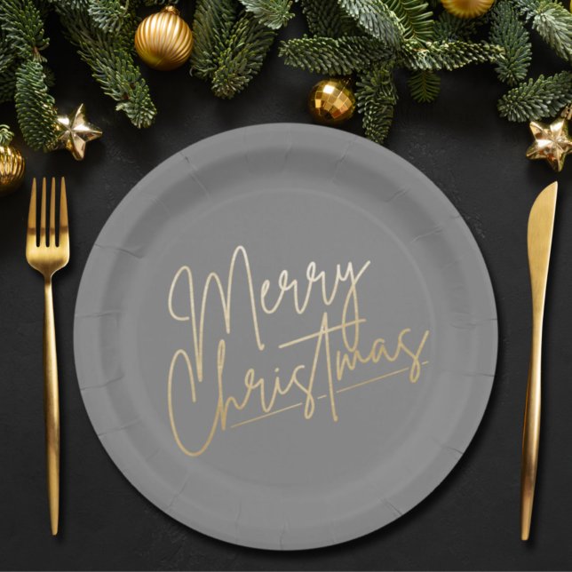 Plato De Papel Gold Merry Christmas on Silver Gray (Subido por el creador)
