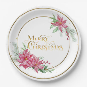 Plato De Papel Gold Merry Christmas Text con Poinsettias y Pine
