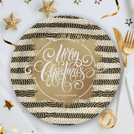 Plato De Papel Gold Merry Christors Black White Stripes