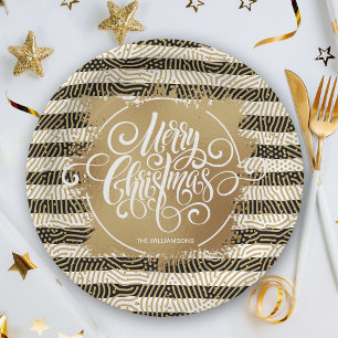 Plato De Papel Gold Merry Christors Black White Stripes
