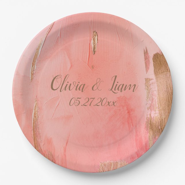 Plato De Papel Gold Peach Name Date Elegant Wedding (Anverso)