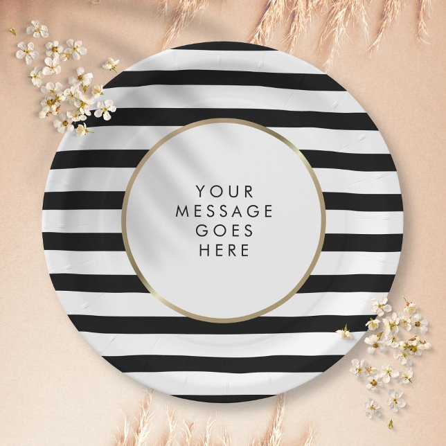 Plato De Papel Gold personalizado en franja blanca y negra (Black and White Stripe Gold Personalized Paper Plates)