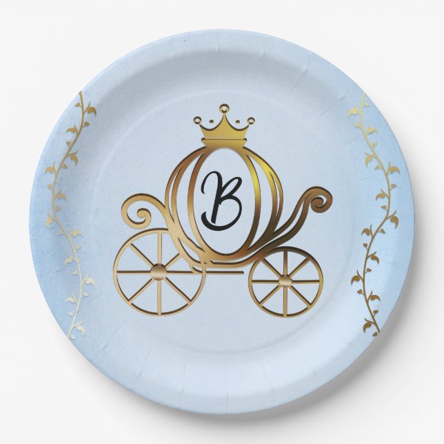 Plato De Papel Gold Princess Carriage Blue Storybook Royal (Anverso)