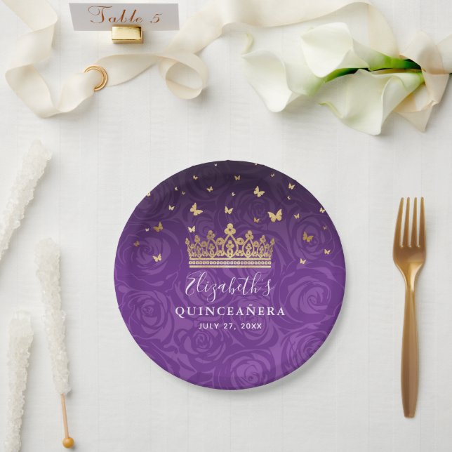 Plato De Papel Gold Purple Quinceanera Birthday Party Template (Boda)