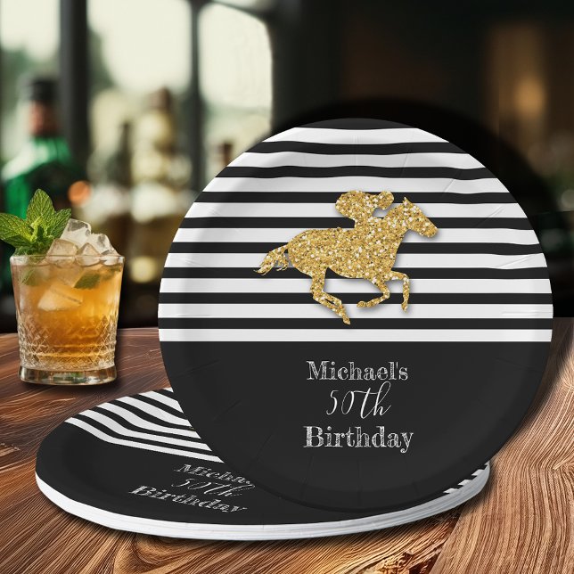 Plato De Papel Gold Racehorse Black White Stripes Cumpleaños (Subido por el creador)