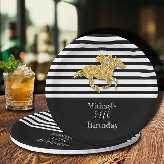 Plato De Papel Gold Racehorse Black White Stripes Cumpleaños