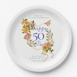 Plato De Papel Gold Rose Ribbon 50th Birthday
