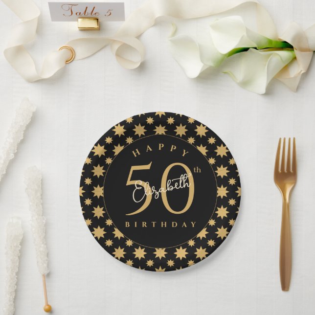 Plato De Papel Gold Stars 50th Birthday Custom Name  (Boda)