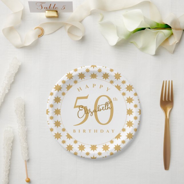 Plato De Papel Gold Stars 50th Birthday Custom Name  (Boda)