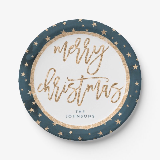 Plato De Papel Gold Stars Merry Christmas Paper Plates Midnight (Anverso)