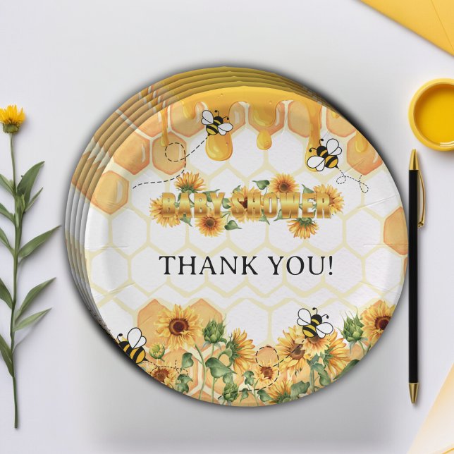 Plato De Papel Gold Sunflower Honeycomb Honeybee Baby Shower (Subido por el creador)