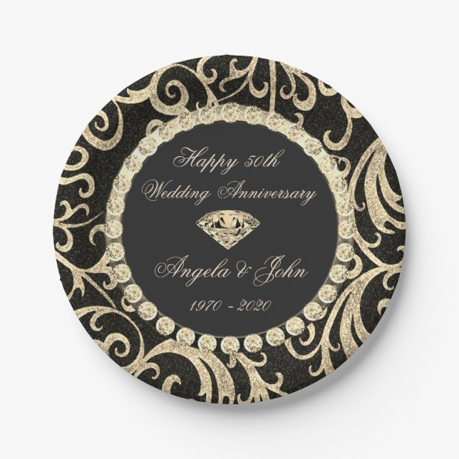 Plato De Papel Gold Swirls Diamonds 50 aniversario Boda (Anverso)