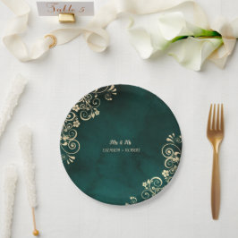 Plato De Papel Gold Swirls Emerald Green Wedding 