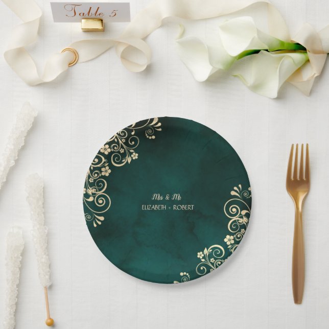 Plato De Papel Gold Swirls Emerald Green Wedding  (Boda)