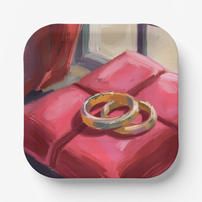 Plato De Papel Gold Wedding Rings Watercolor Painting Red (Anverso)